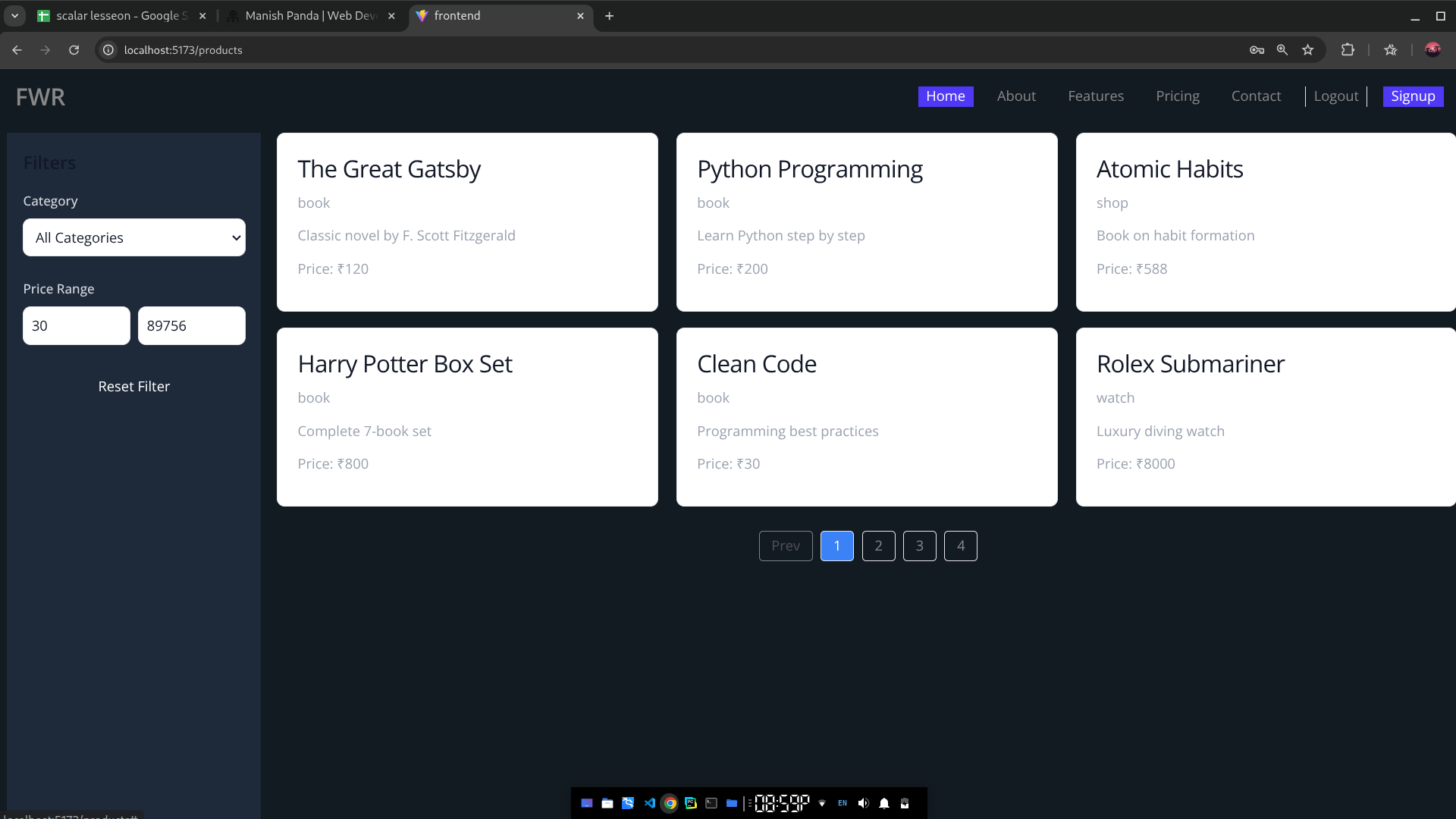 product filter page